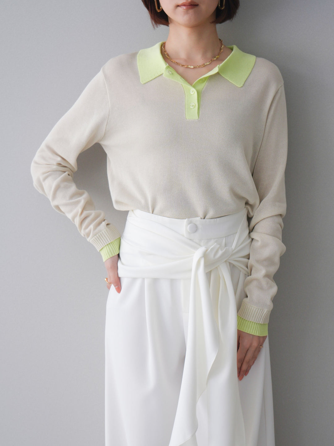 [SET]配色デザインシアーポロニット+ラッフルベルトワイドパンツ(2set)