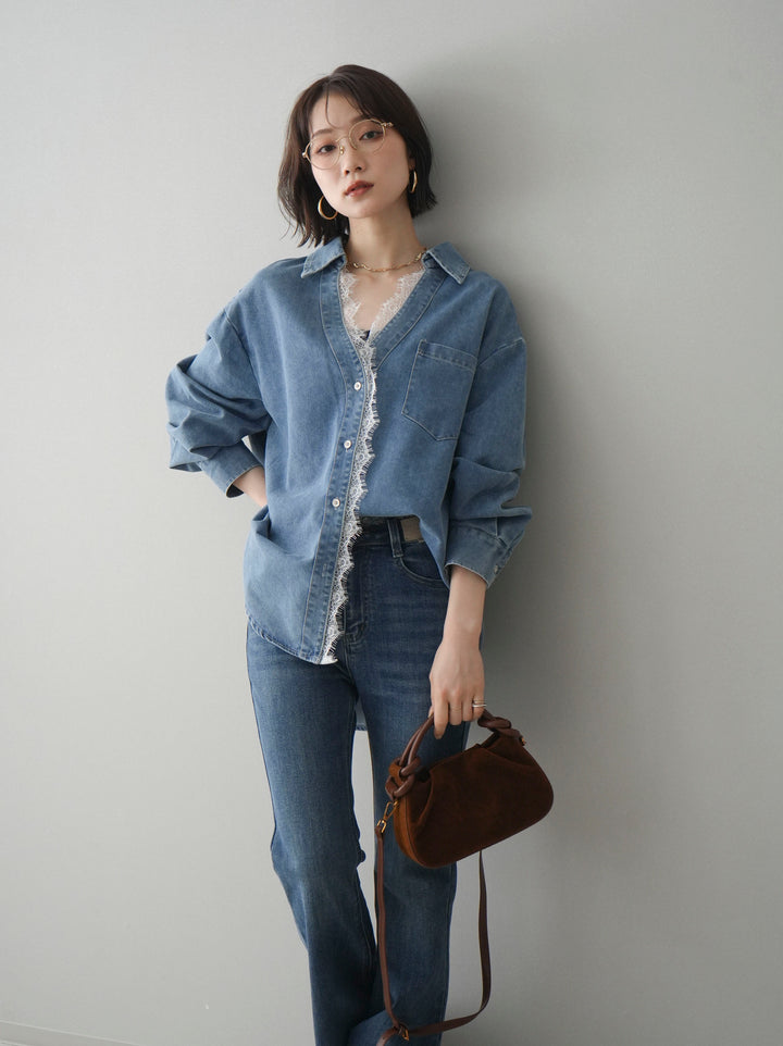 [SET]レースレイヤードデニム開襟シャツ+フリンジデザインセミフレアデニム(2set)
