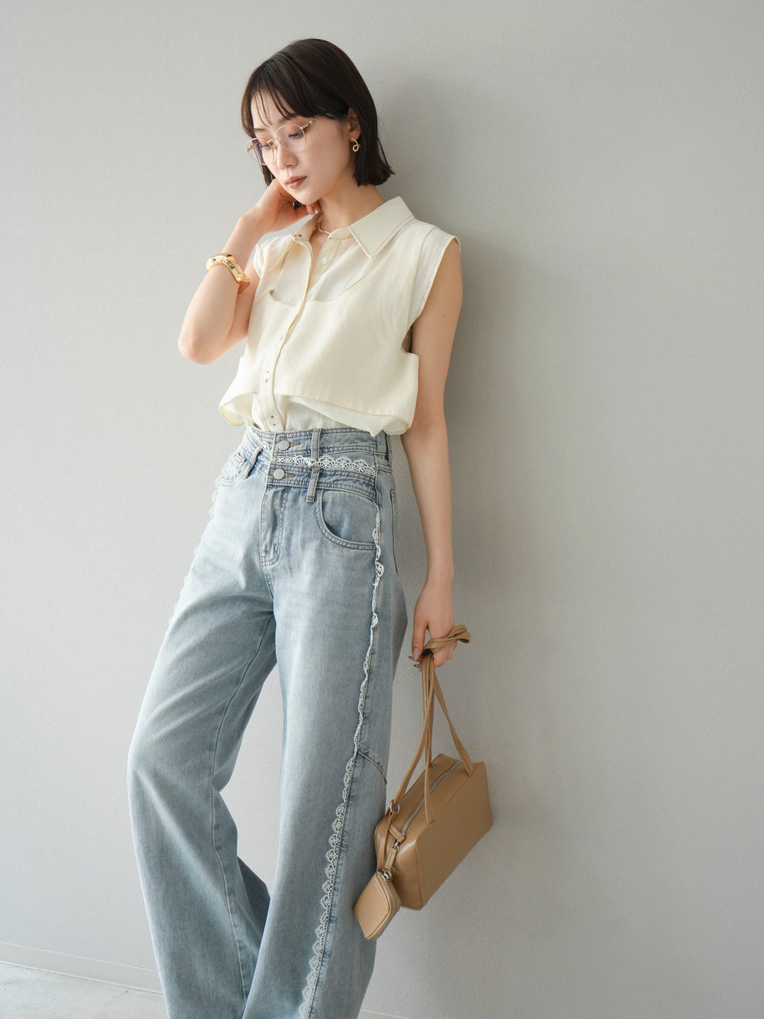 [SET]ステッチシアーレイヤードデザインブラウス+ラインレースデニムパンツ(2set)