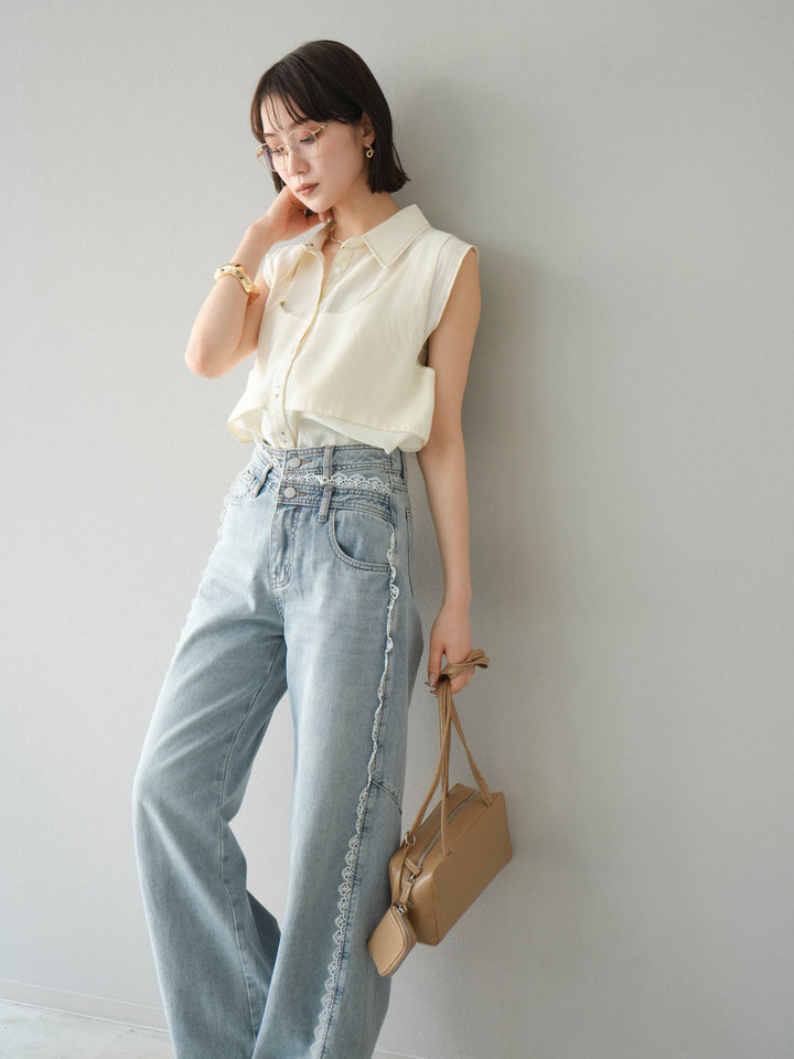 [SET]ステッチシアーレイヤードデザインブラウス+ラインレースデニムパンツ(2set)