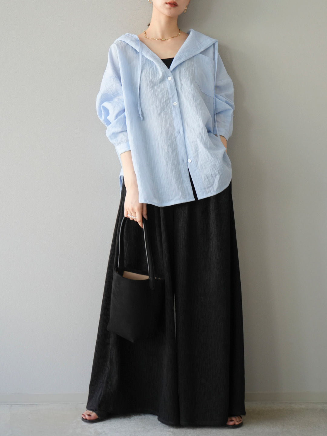 [予約]ワッシャーストライプフーディーシャツ/ブルー