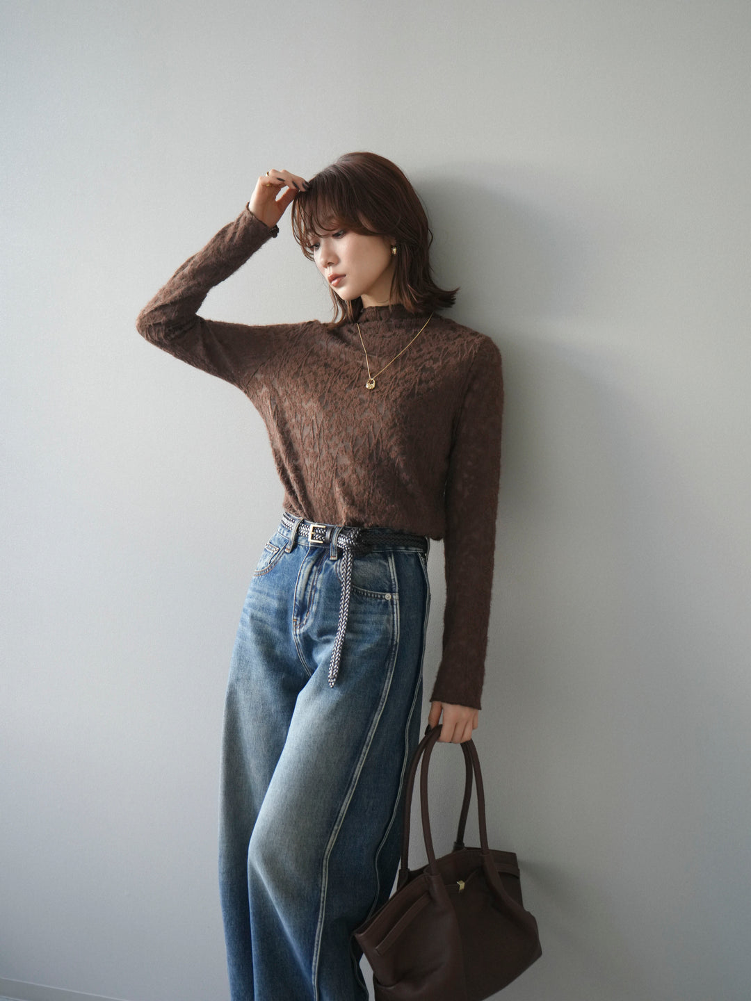 [予約]起毛レースプチネックトップス/brown