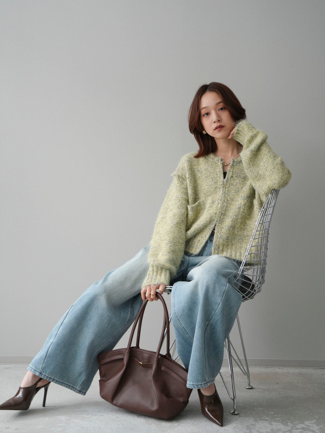 [SET]ミックスヤーンダブルZIPニットカーディガン+ベルト付裏起毛カーブデニムパンツ(2set)