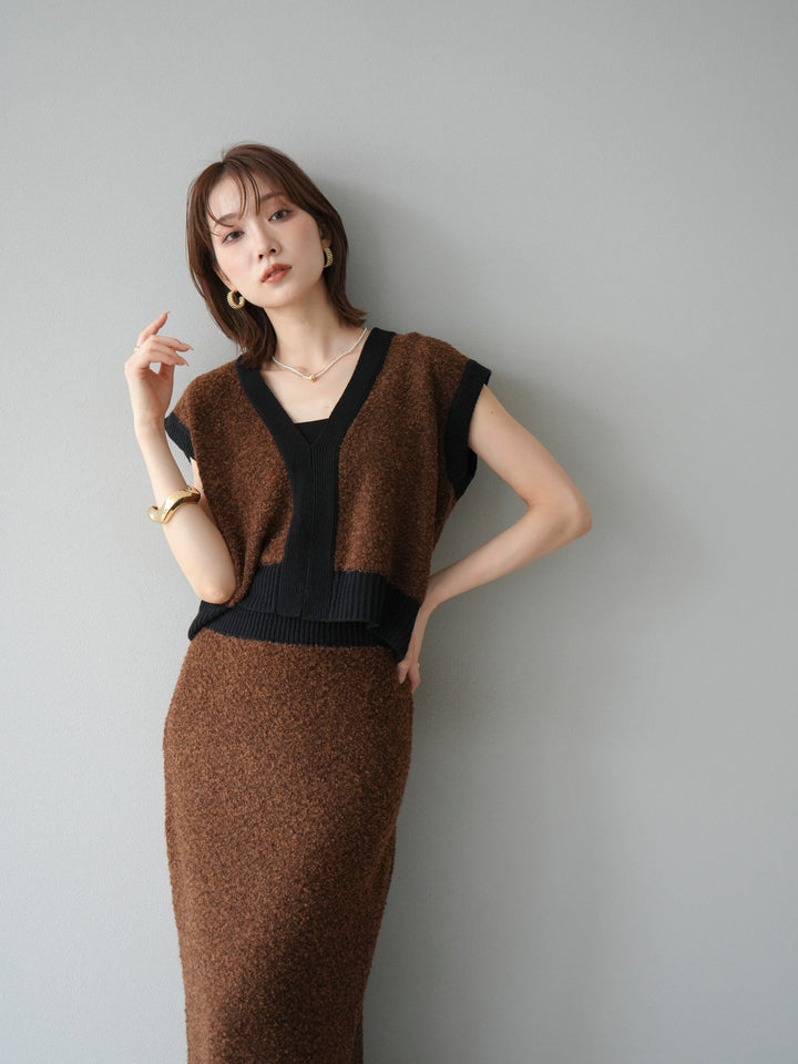 [予約]ブークレバイカラーニットベスト/ブラウン