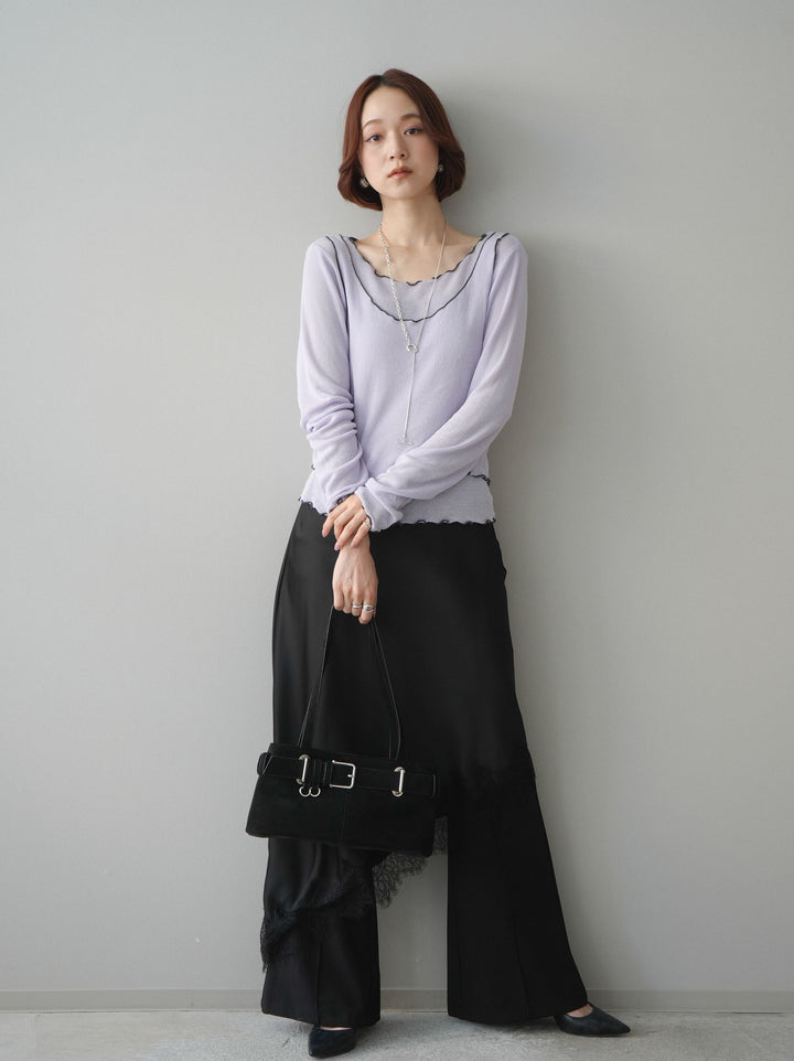 [予約]サテンライクアシメレーススカート/black