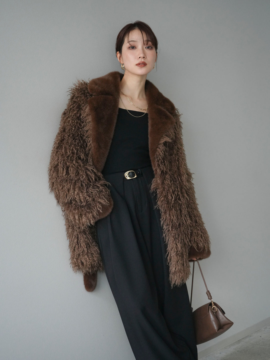 [予約]異素材ファー×ムートンコート/brown