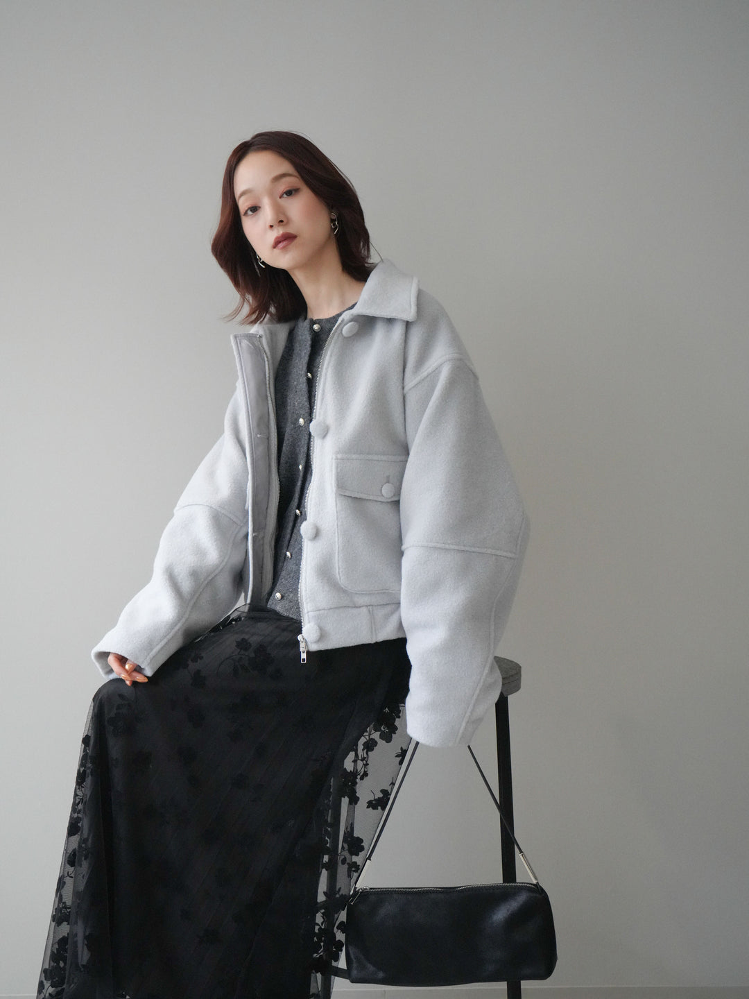 [SET]ウールライクフライトジャケット+フラワーフロッキーチュールプリーツスカート(2set)