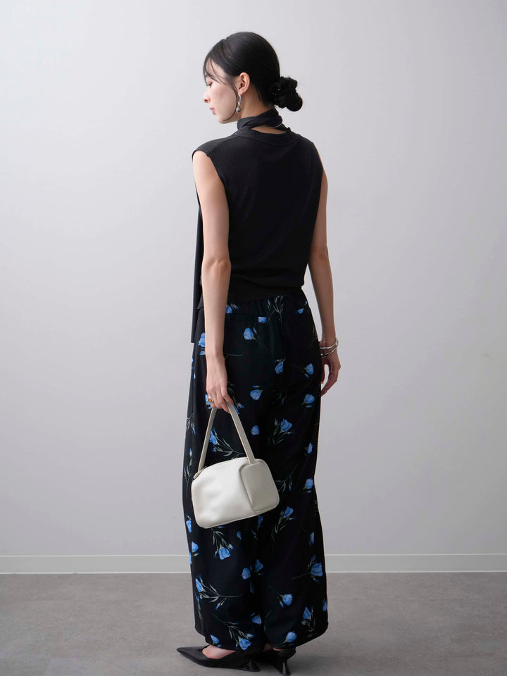 [SET]ネックレイヤードアシメニットベスト+フラワープリントドレープタックパンツ(2set)