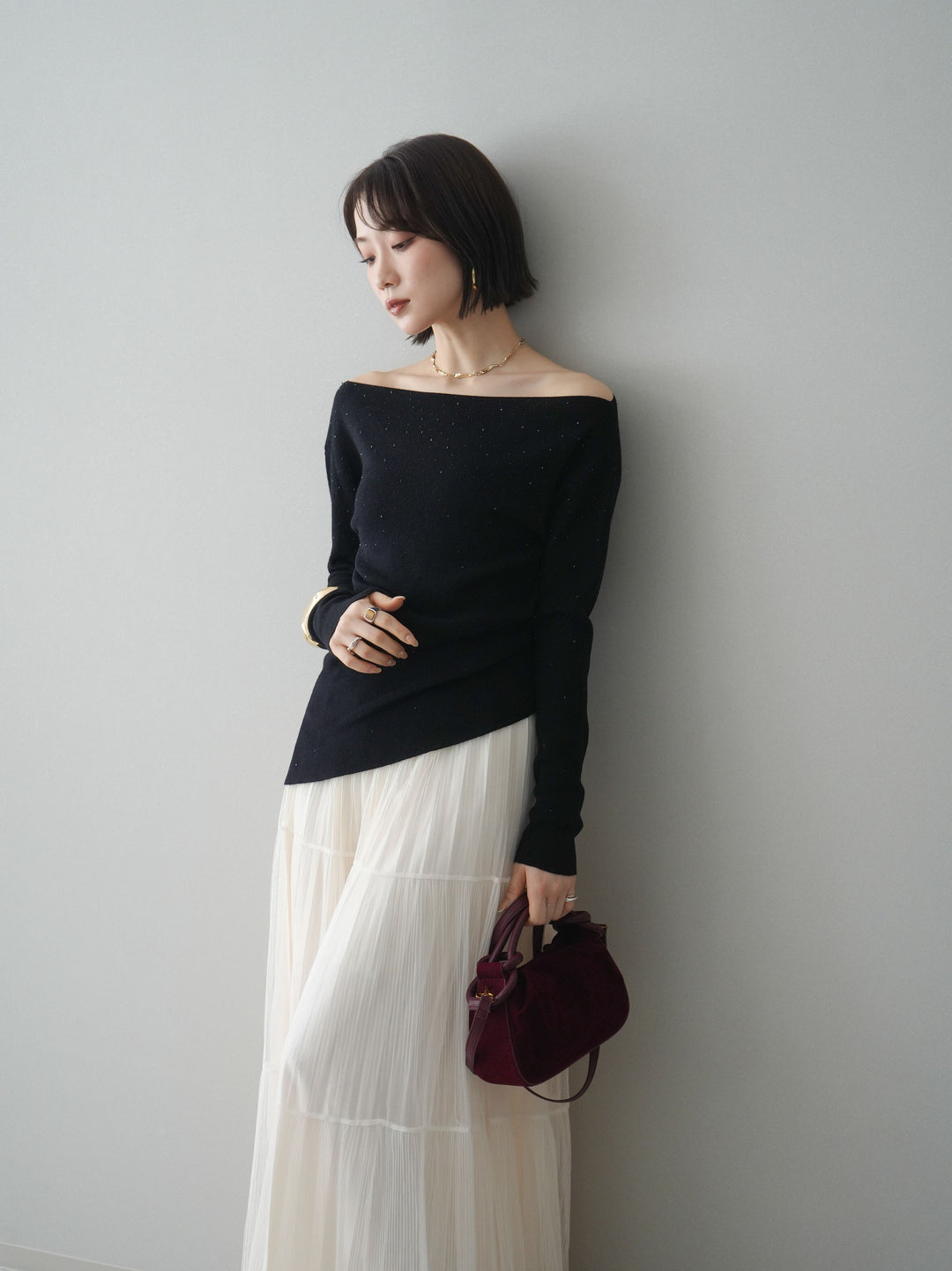 [予約]ラインストーンアシンメトリーニットトップス/black