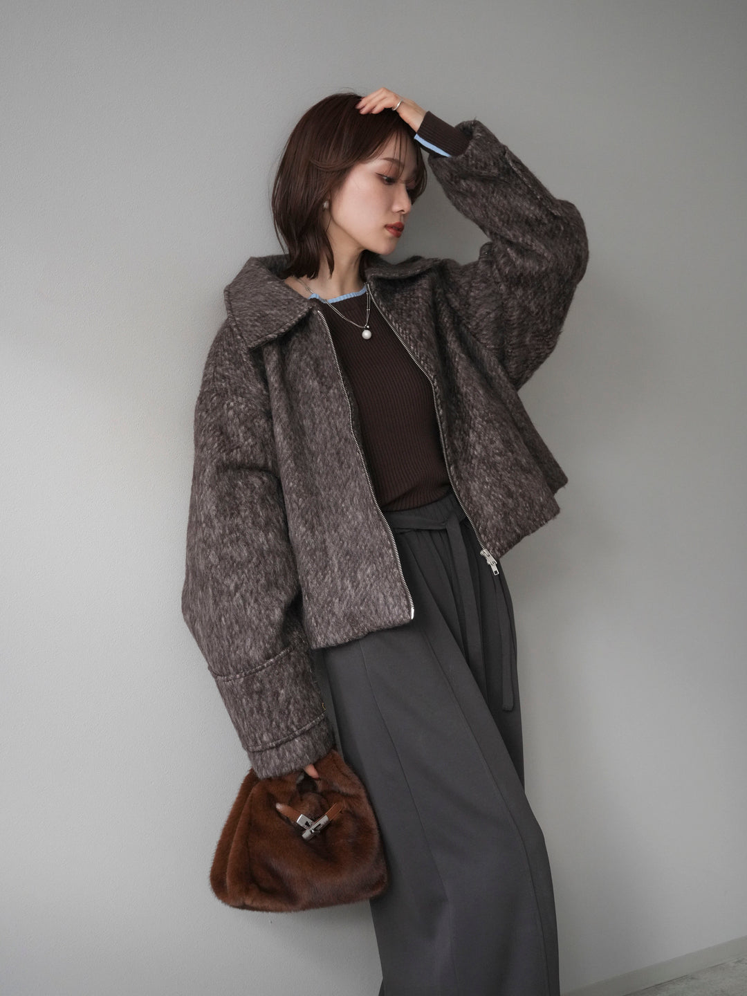 [予約]袖ビックループシャギージップブルゾン/brown