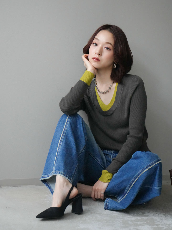 [SET]Uネック配色レイヤードリブニットトップス+サイドフリンジワイドデニムパンツ(2set)