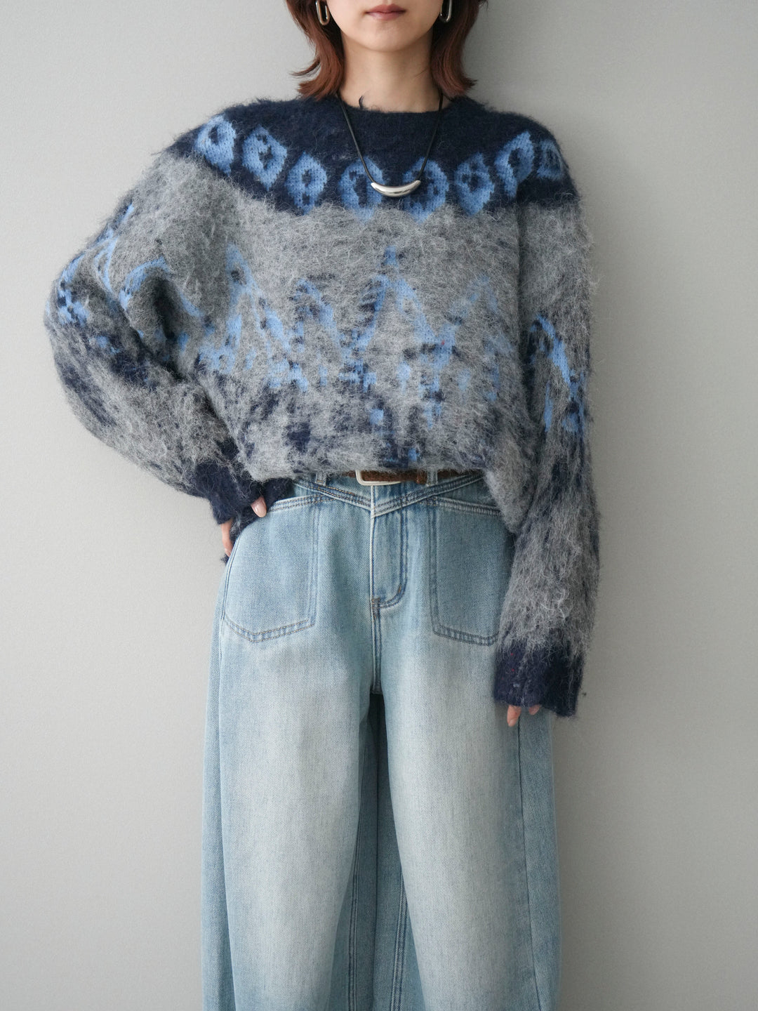 [SET]シャギーニュアンス柄ニットプルオーバー+ベルト付裏起毛カーブデニムパンツ(2set)