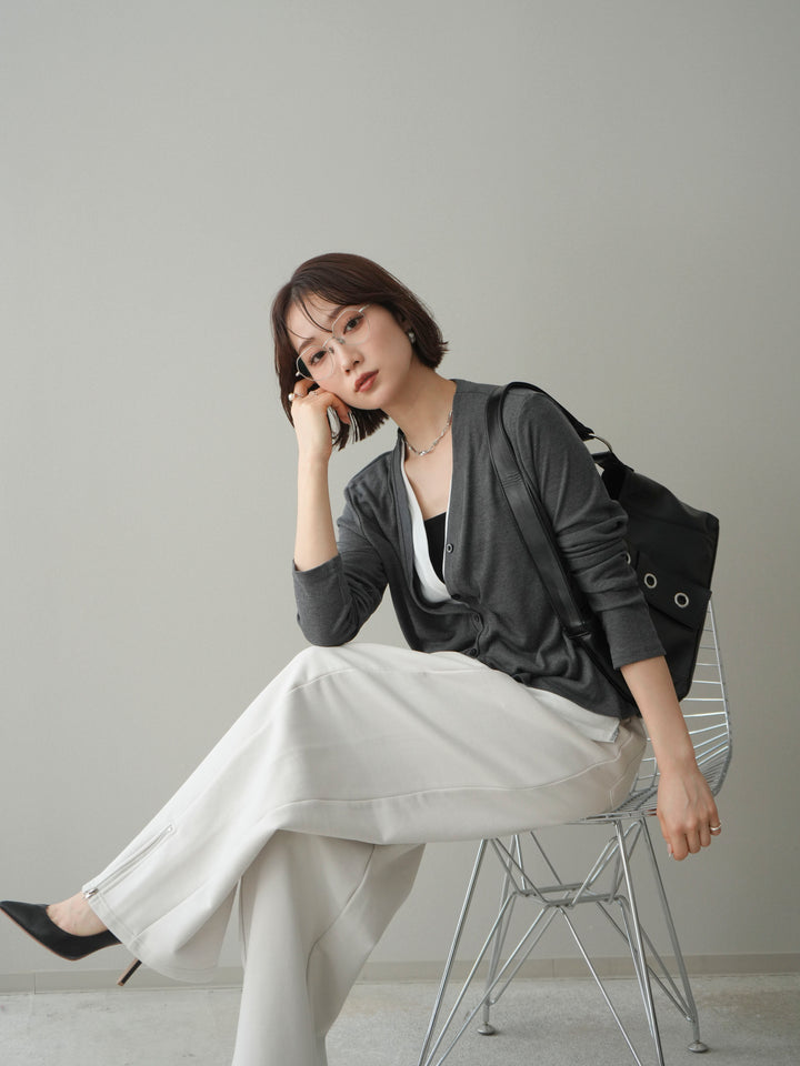 [予約]配色レイヤードカットリブカーディガン/gray