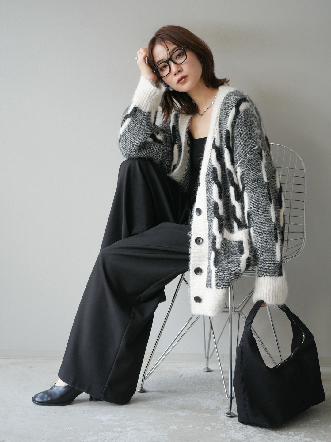 [SET]バイカラー編み込みデザインニットカーディガン+ベルトループデザインワイドパンツ(2set)