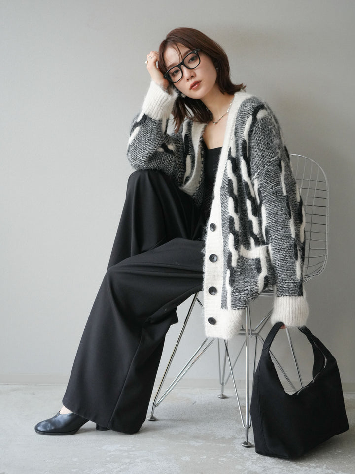 [SET]バイカラー編み込みデザインニットカーディガン+ベルトループデザインワイドパンツ(2set)