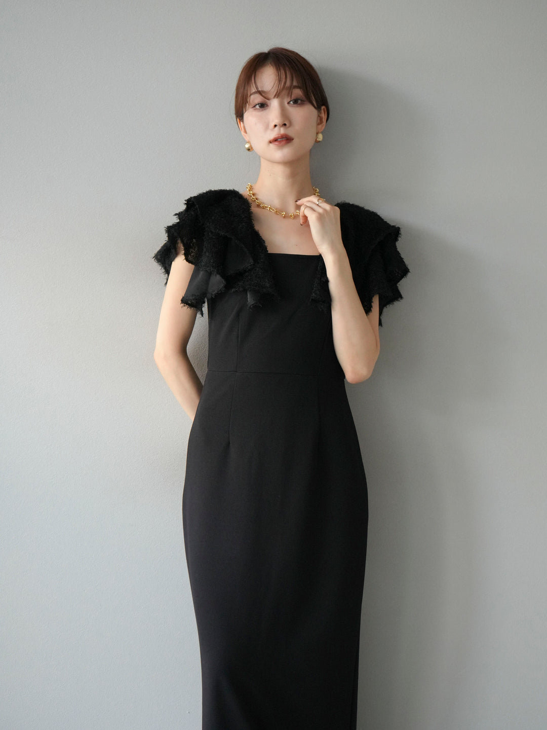 [予約]ジャガードフレアスリーブドレス/ブラック