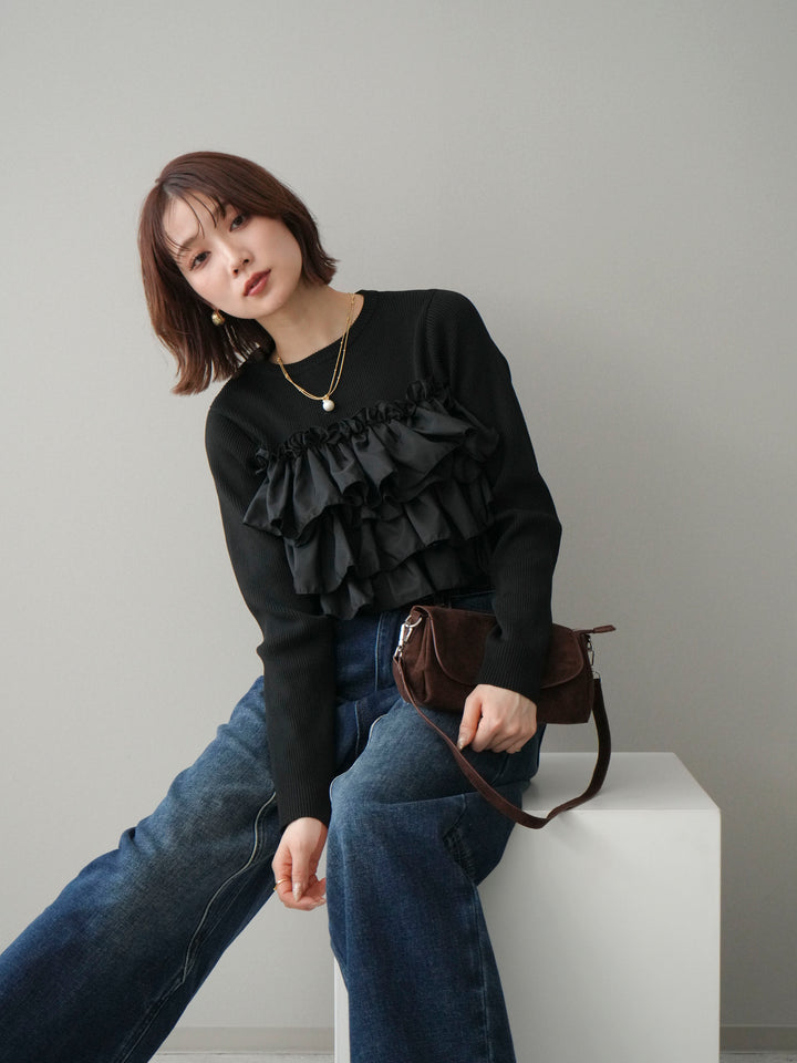 [予約]フリルビスチェドッキングスポンジニットプルオーバー/black