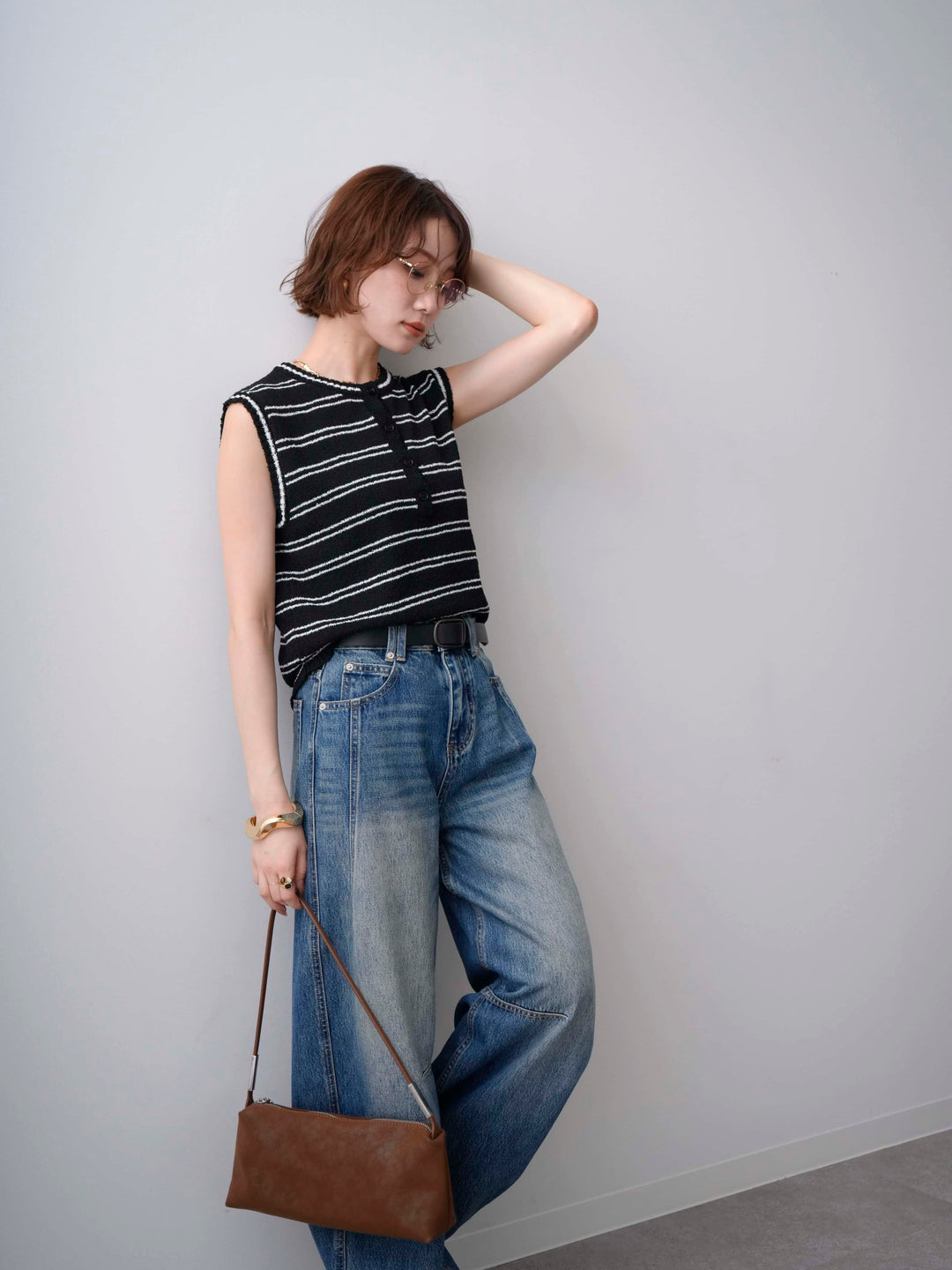 [SET]ボーダーヘンリーノースリニットトップス+立体カーブデニムパンツ(2set)