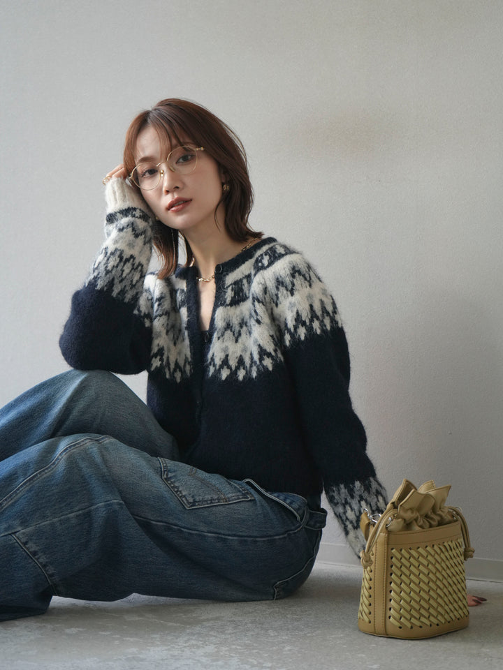 【着回しセット】[SET]求心柄クロップドニットカーディガン+ミックスヤーンペイズリー柄ニットカーディガン+ペインターカーブデニムパンツ(3set)