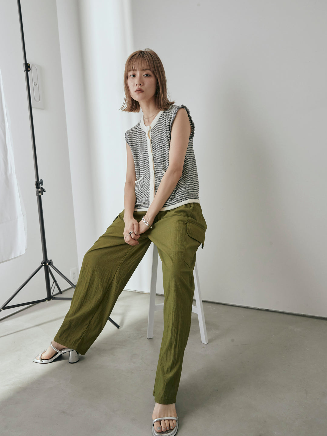 [予約]ボーダー袖フリンジニットベスト/オフ