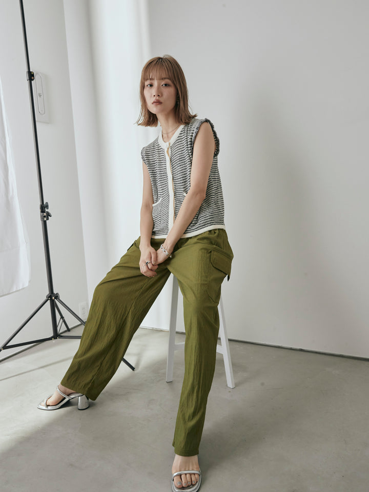 [予約]ボーダー袖フリンジニットベスト/オフ