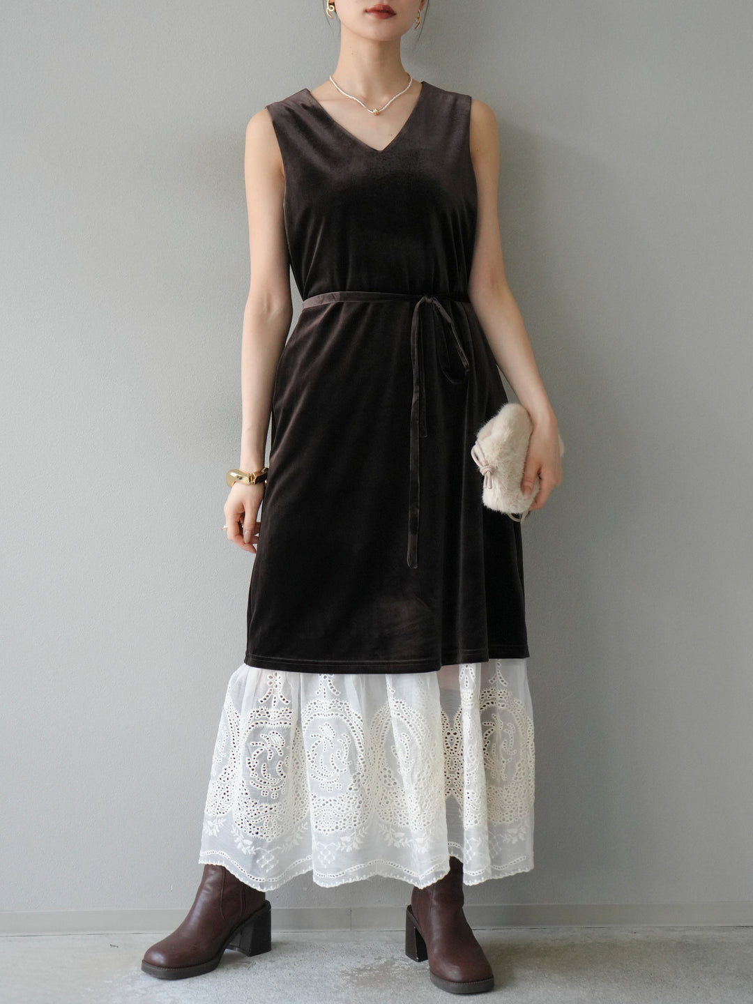 [予約]裾コットンレースベロアワンピース/ブラウン