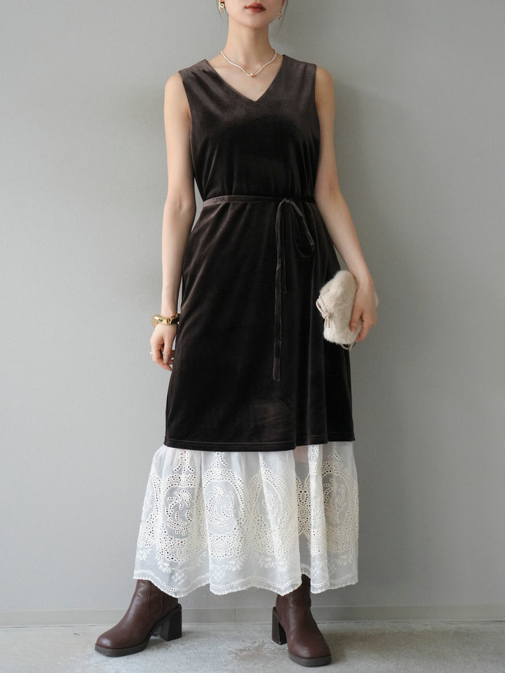 [予約]裾コットンレースベロアワンピース/ブラウン