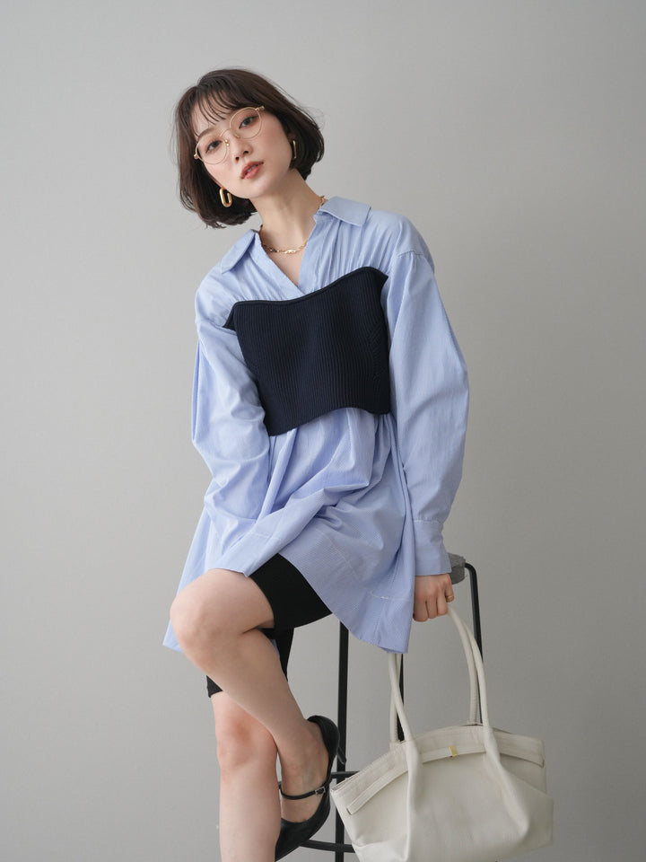 [予約]ニットビスチェドッキングフレアシャツチュニック/stripe