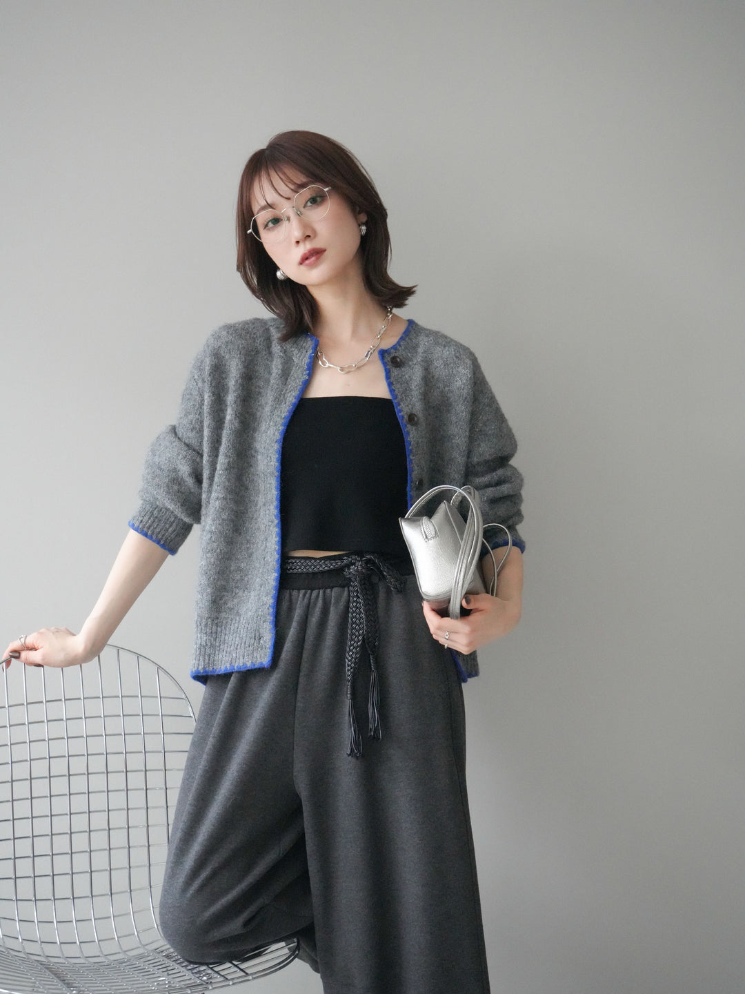 [SET]三角ステッチニットカーディガン+三角ステッチニットカーディガン(2set)