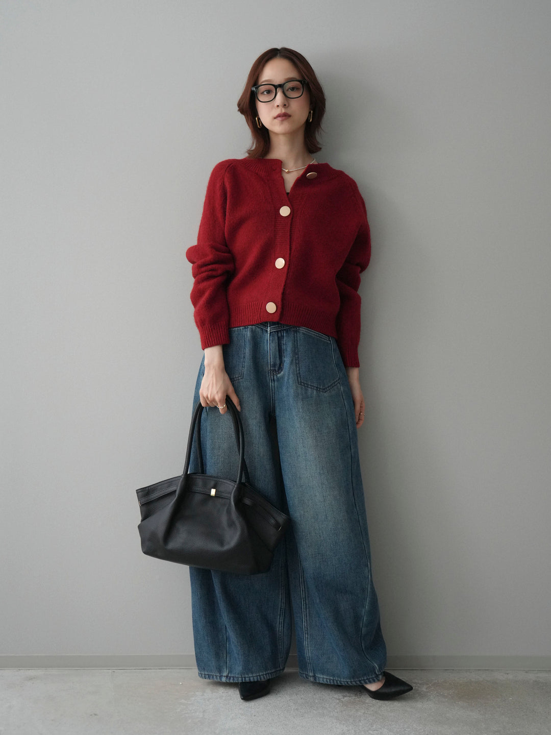 [SET]BIGボタンニットカーディガン+ベルト付裏起毛カーブデニムパンツ(2set)