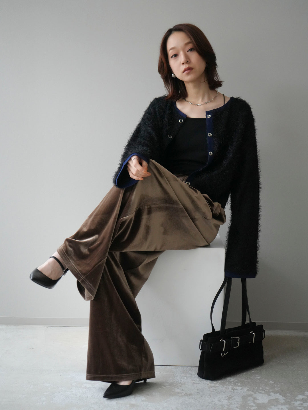 [予約]バイカラー2WAYシャギーニットカーディガン/black