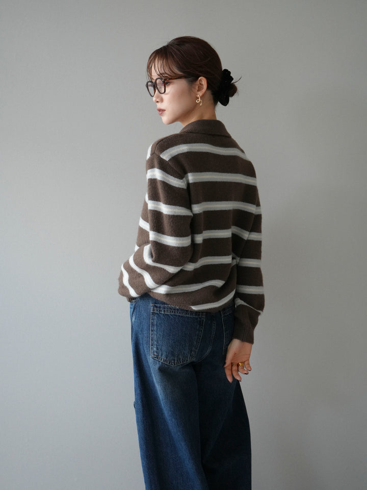 [予約]ボウタイボーダーニットカーディガン/brown