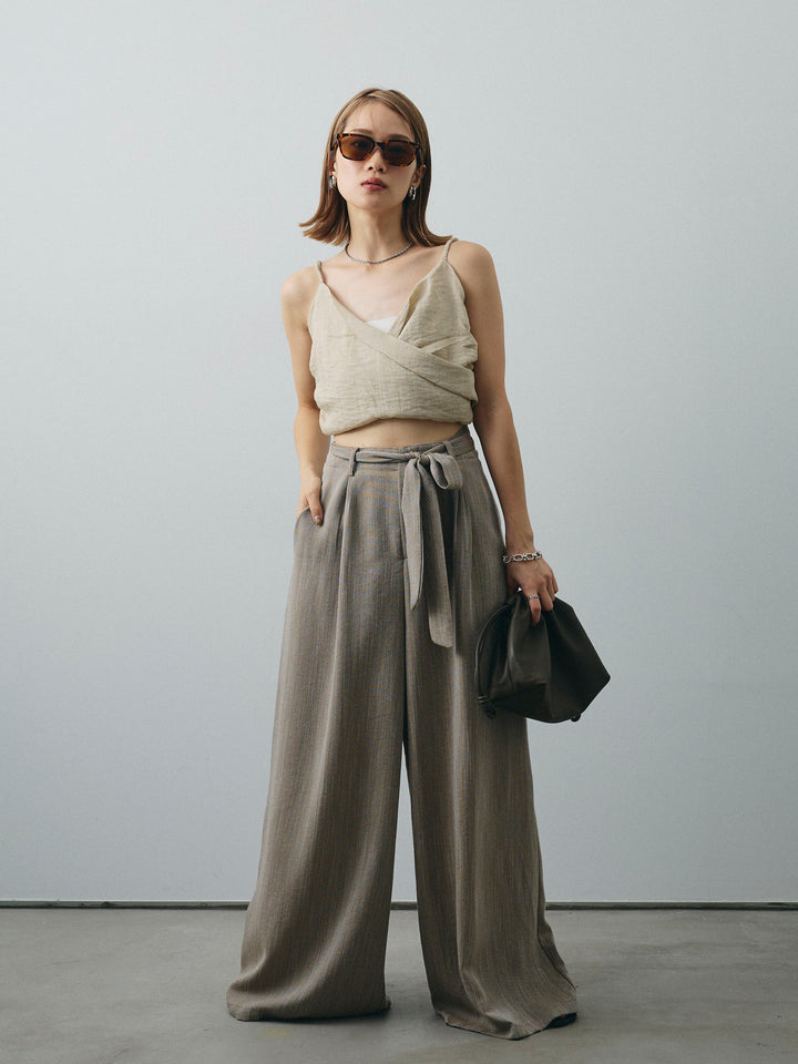 [SET]リネンライクカシュクールデザインビスチェ+リネンライクウエストリボンワイドパンツ(2set)