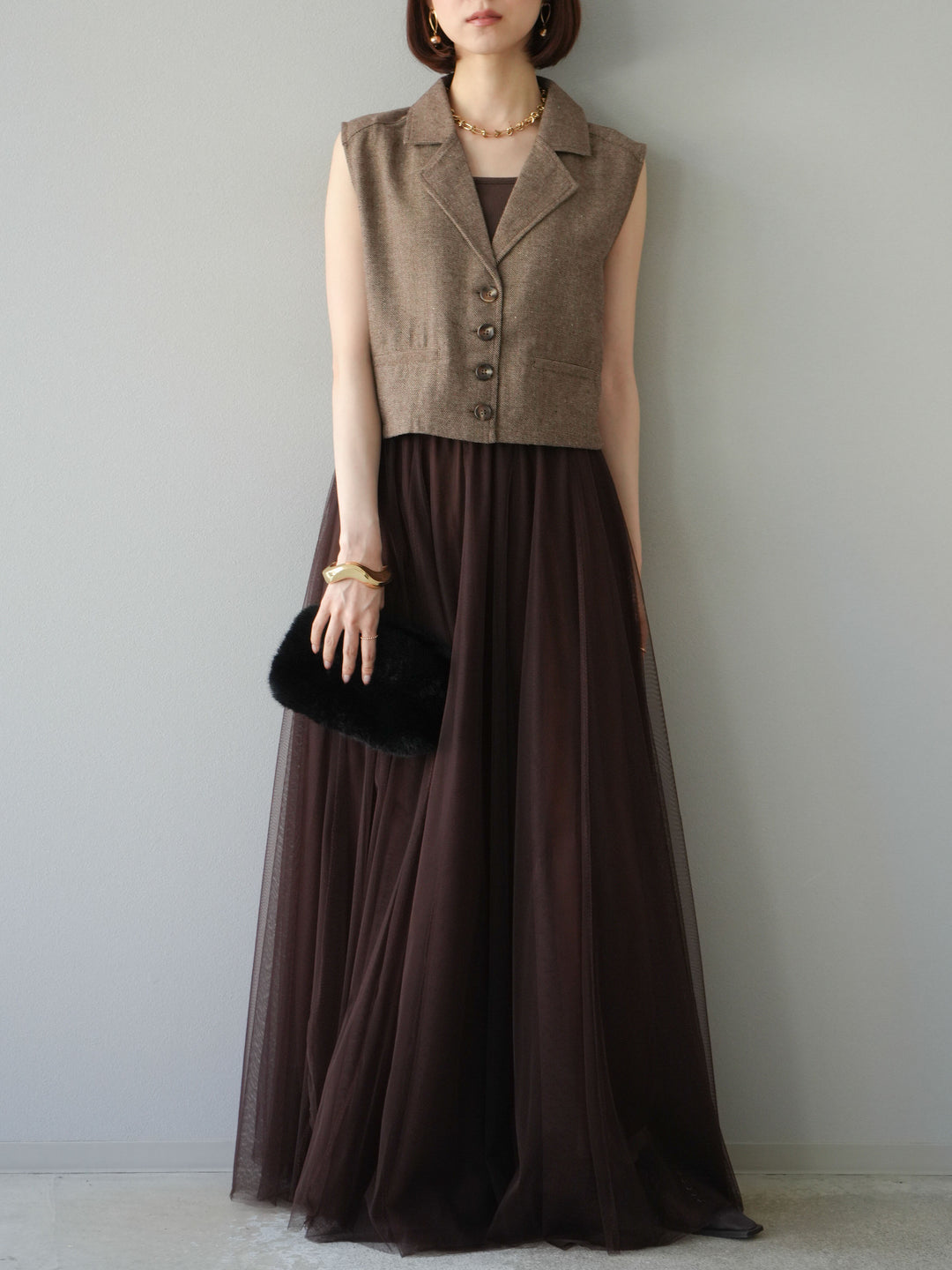 [予約]ツイードタッチテーラードジレ/ブラウン