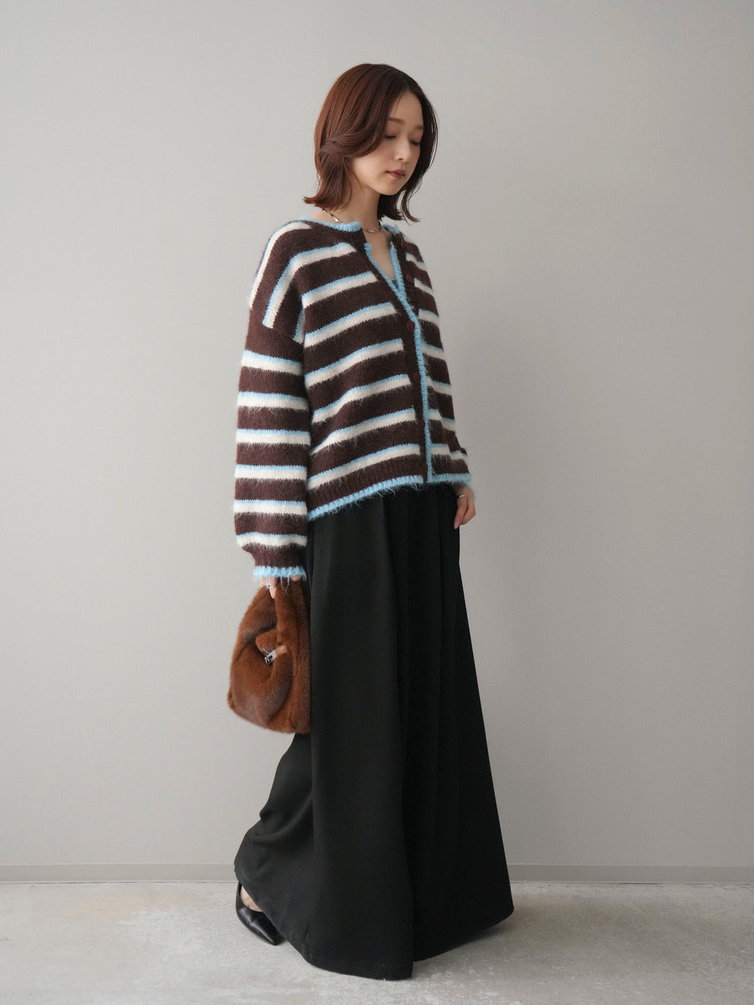 [SET]ウールタッチ配色ボーダーニットカーディガン+テープベルトタックバギーパンツ(2set)