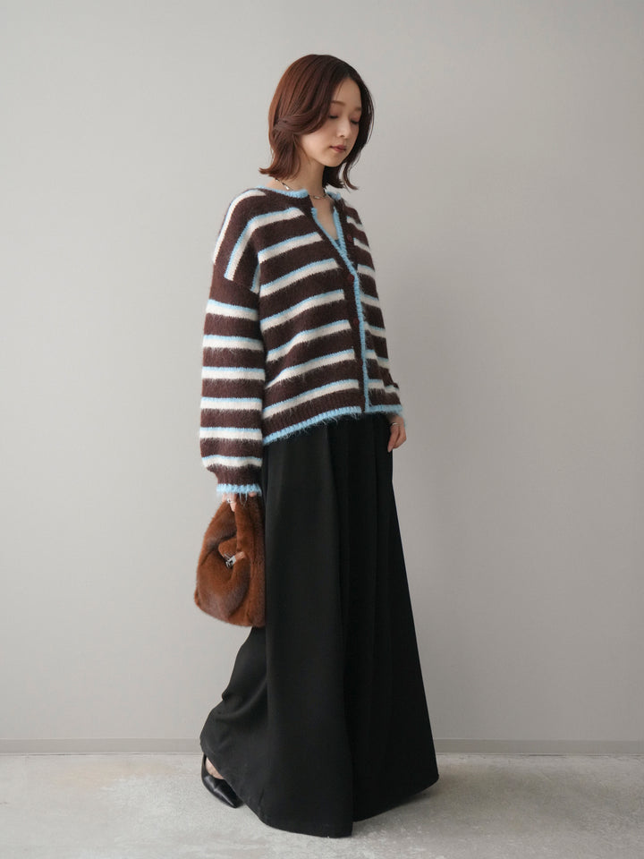 [SET]ウールタッチ配色ボーダーニットカーディガン+テープベルトタックバギーパンツ(2set)