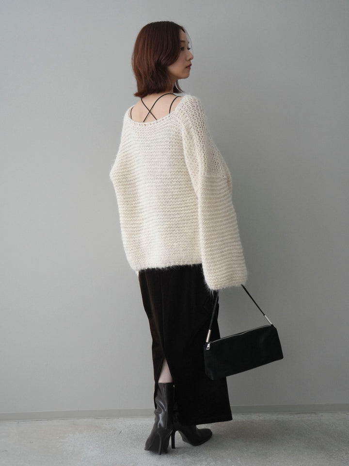 [SET]ワッフル編みシャギーニットプルオーバー+ギャザーベロアスカート(2set)