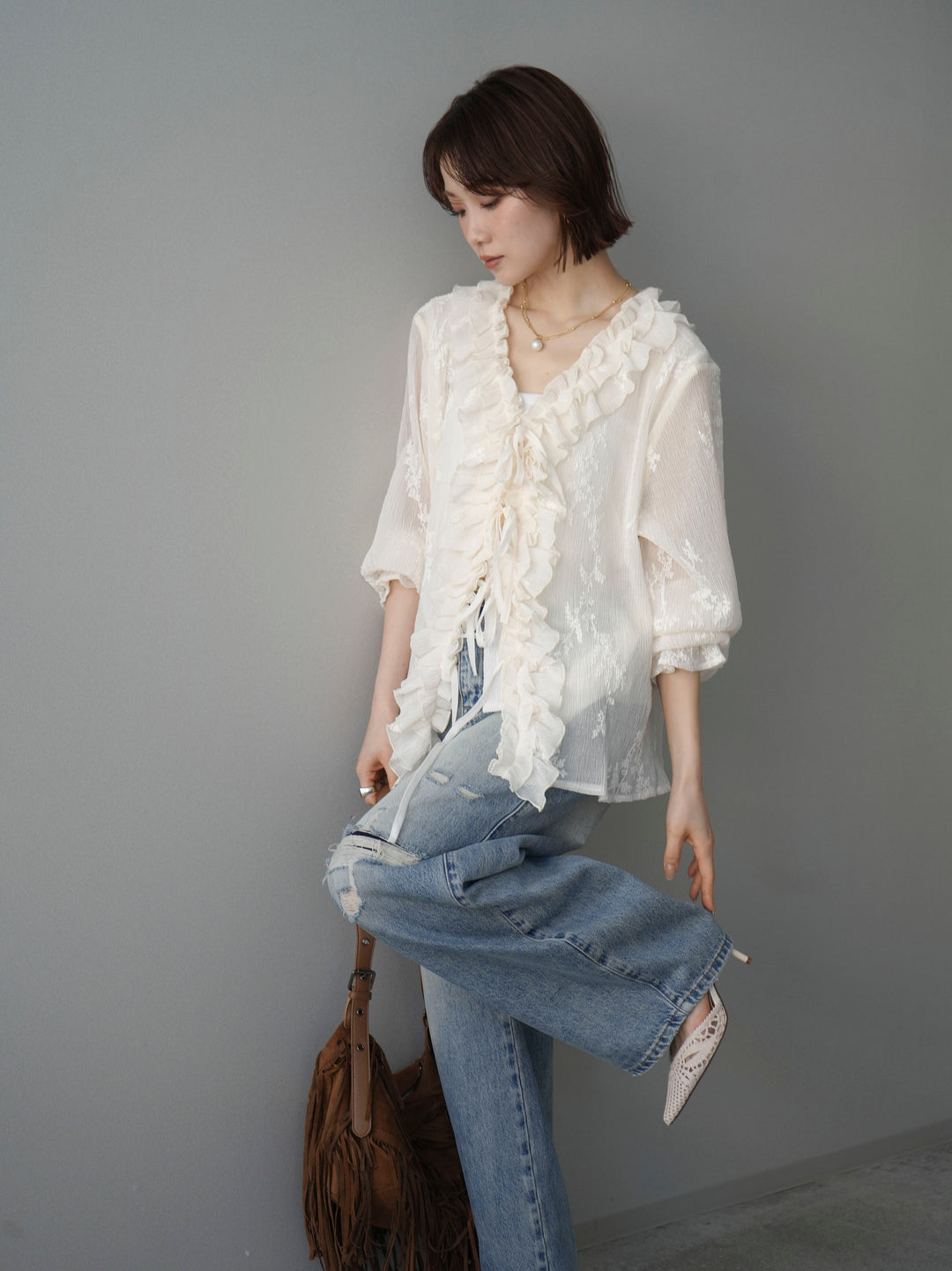 [予約]楊柳ラッフルフリルカーディガン/ivory