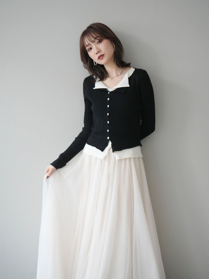 [予約]配色レイヤードリブニットカーディガン/black