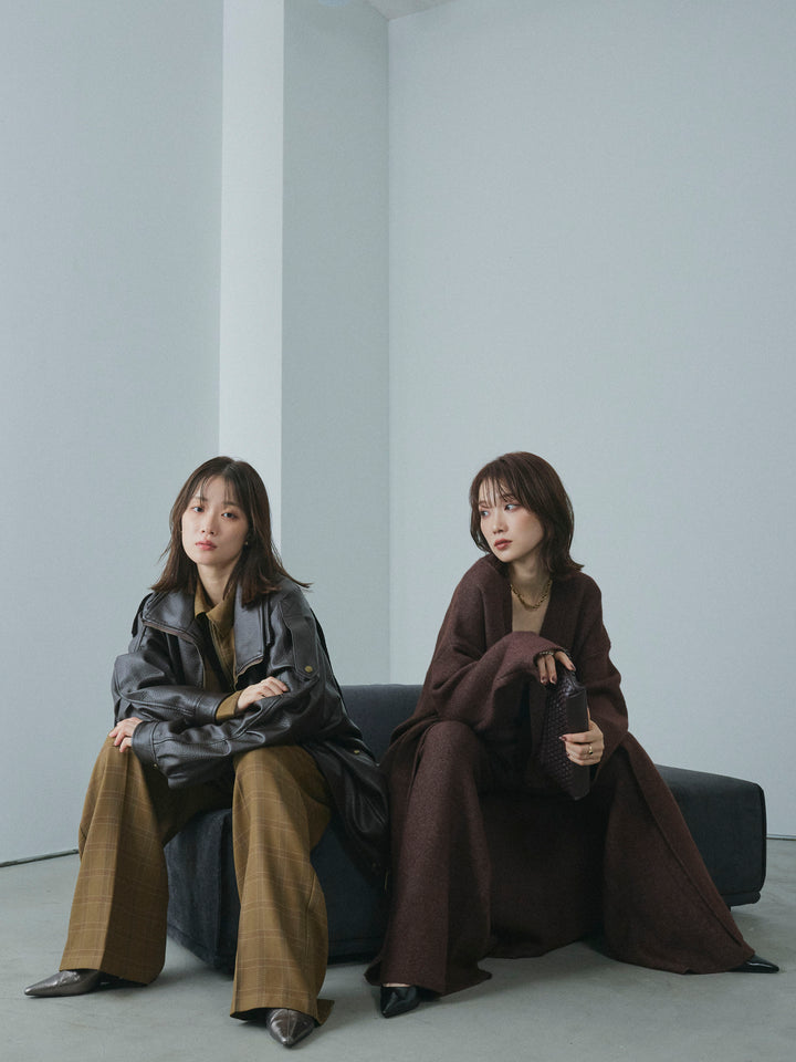 【Allure】[SET]ニットベアトップ＆ワイドパンツSET UP+レザーカラースウェードロングコート(2set)