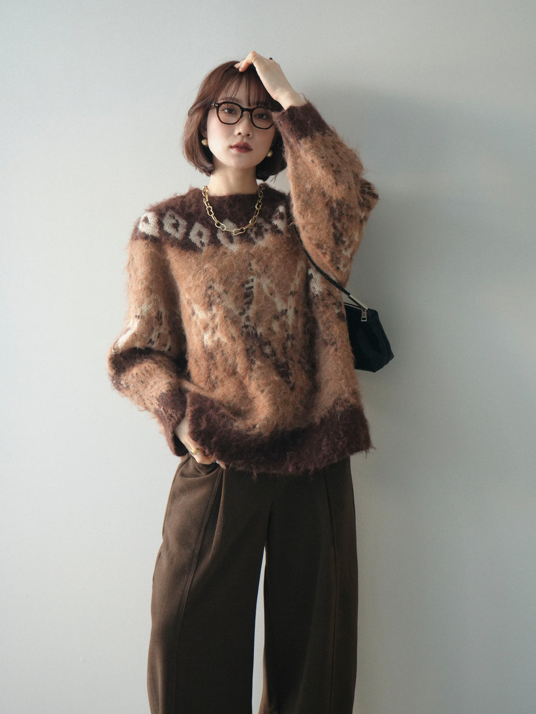 [予約]シャギーニュアンス柄ニットプルオーバー/brown