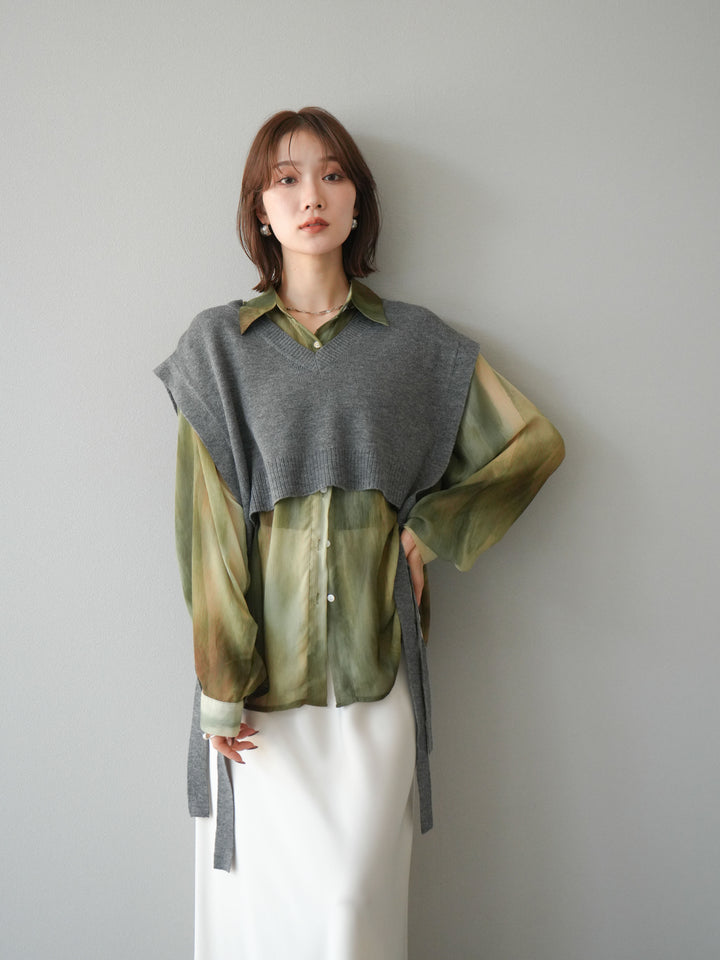 [予約]サイドリボンVネックショートニットベスト/チャコール