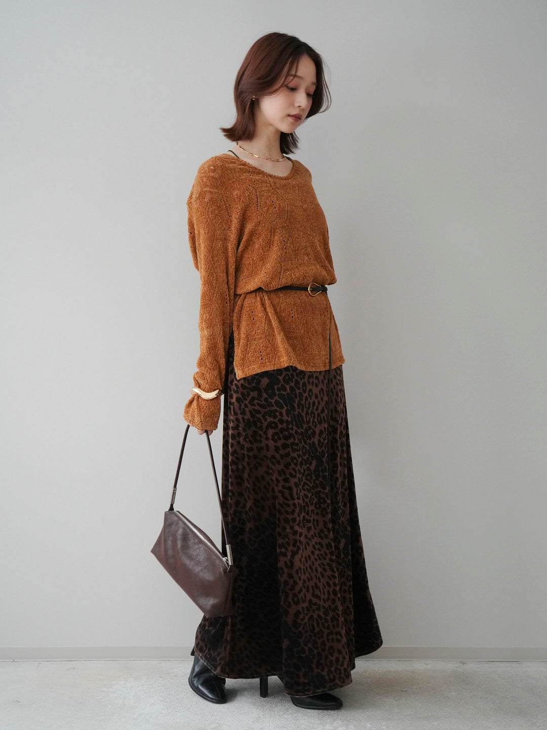 [SET]モール透かし編みニットトップス+レオパードベロアナロースカート(2set)