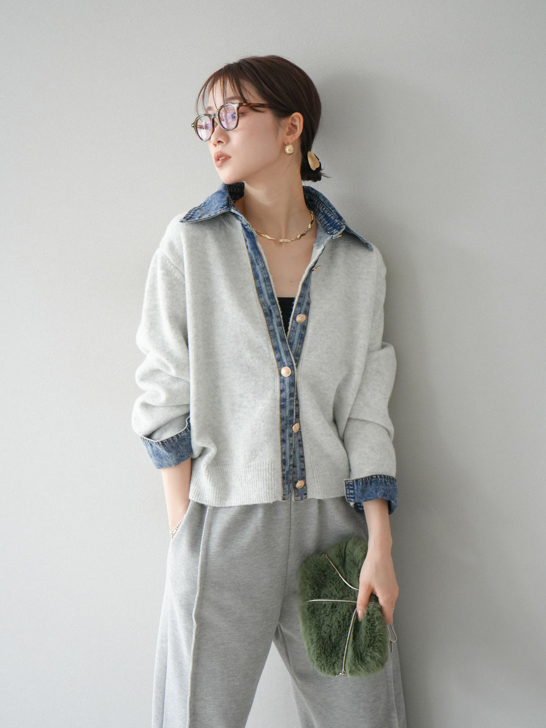 【着回しセット】[SET]デニム襟ボタンニットカーディガン+デニム襟ボタンニットカーディガン+2WAYデザインスウェットパンツ(3set)