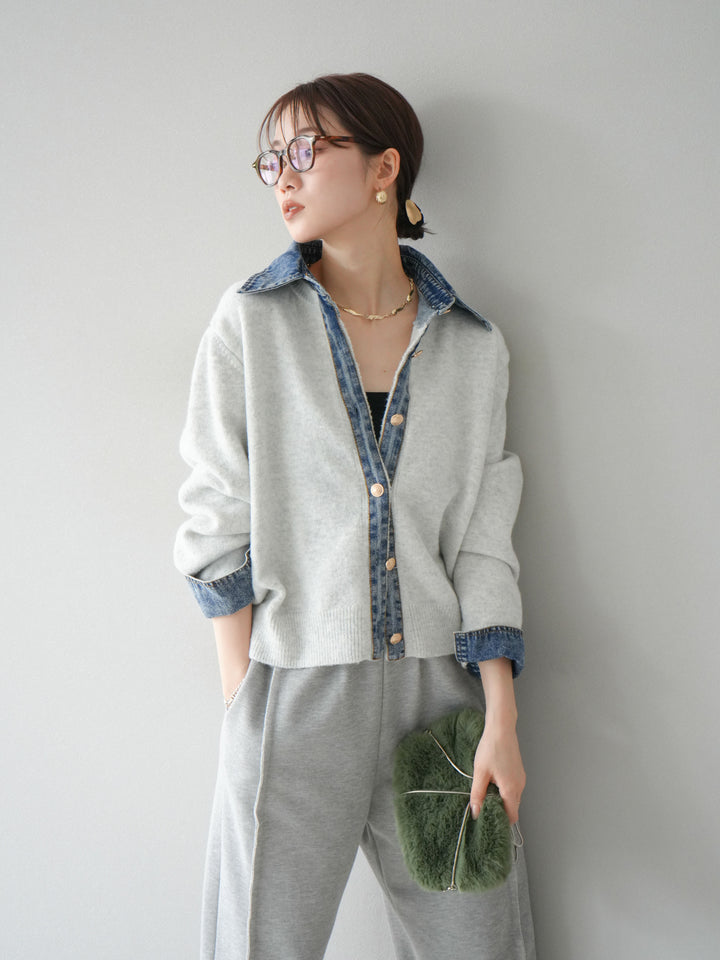 【着回しセット】[SET]デニム襟ボタンニットカーディガン+デニム襟ボタンニットカーディガン+2WAYデザインスウェットパンツ(3set)