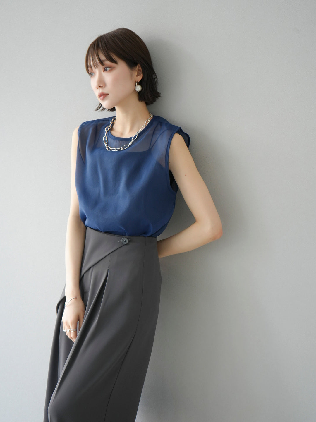 [SET] Organza sleeveless top + wrap wide pants (2set)