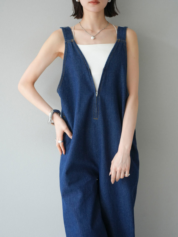 [予約]フロントZIP Vネックデニムサロペット/インディゴ