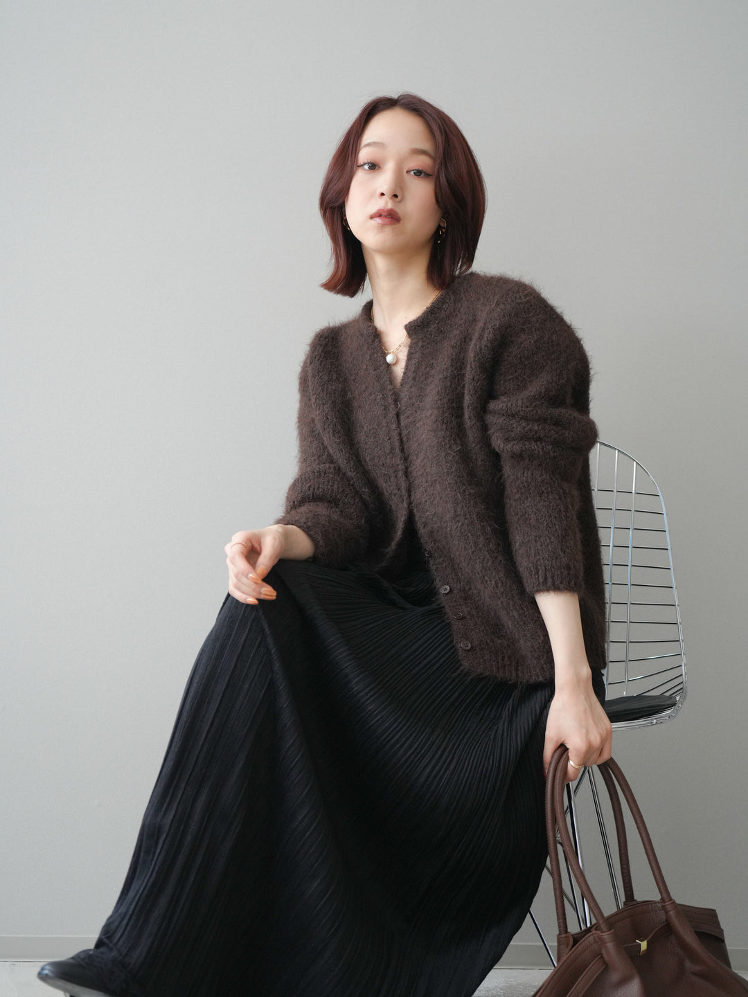 [予約]キーネックシャギーニットカーディガン/brown