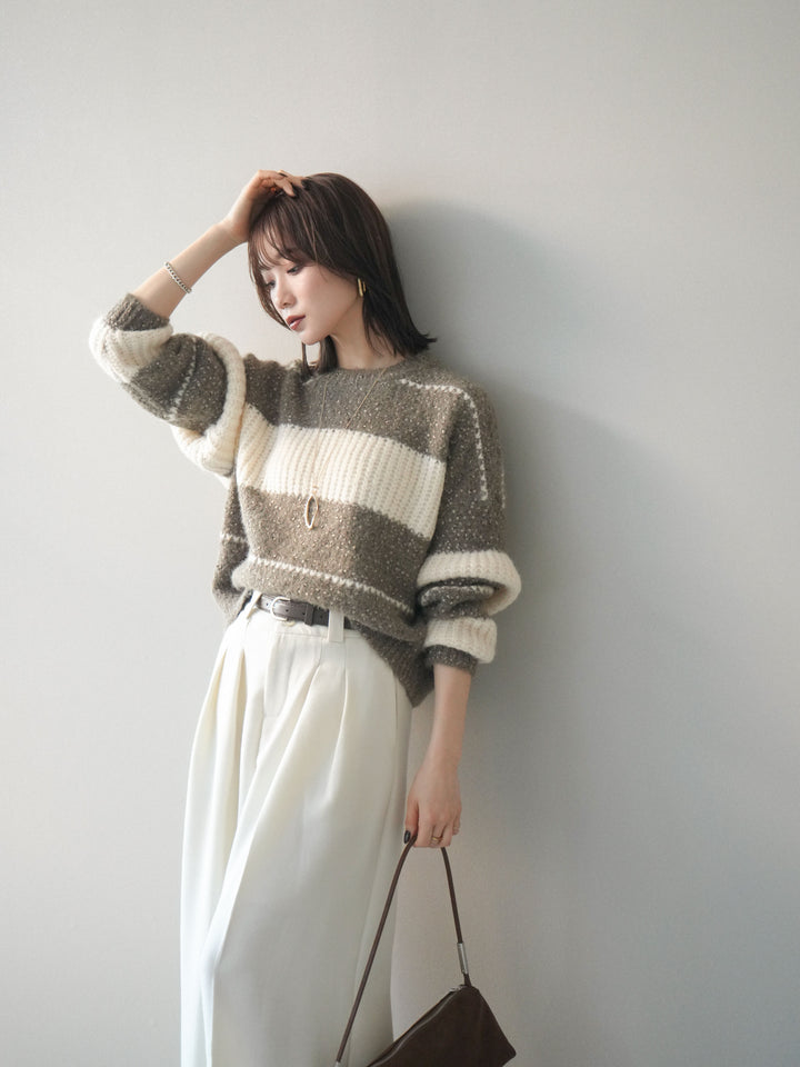 [SET]ネップヤーンボーダーニットプルオーバー+ウールタッチベルト付ワイドパンツ(2set)