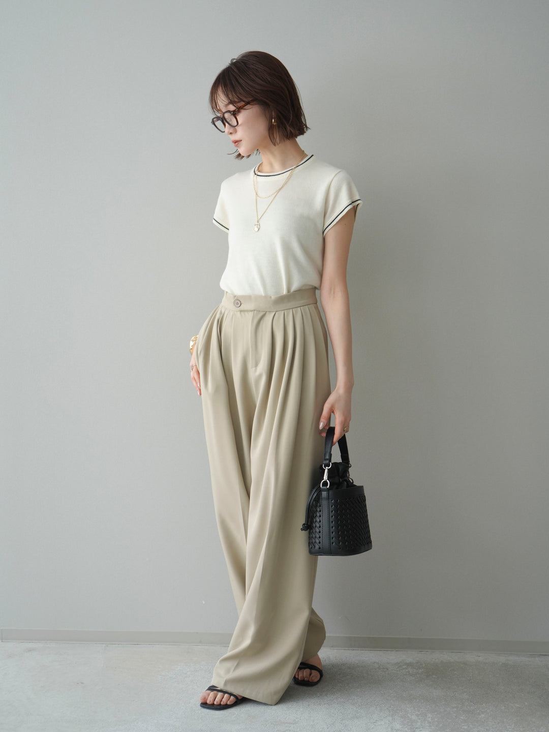 [SET]配色ハーフスリーブニットトップス+メニータックワイドパンツ(2set)